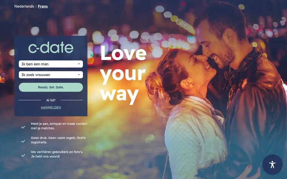 C-Date review: de Nederlandstalige homepage van c-dating.be met het inschrijfformulier