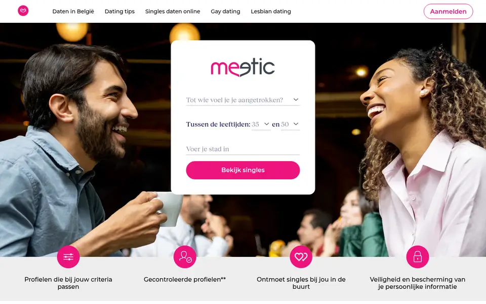Meetic review: de Nederlandstalige homepage van nl.meetic.be met de zoekfilters