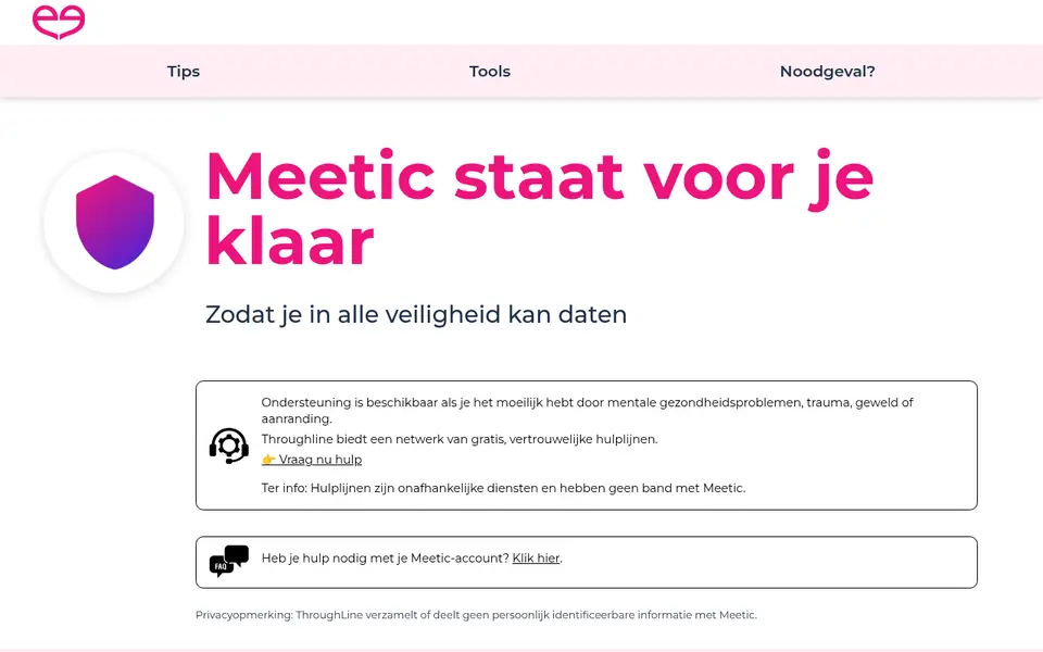 Meetic review: de veiligheidspagina van Meetic met tools en hulplijnen
