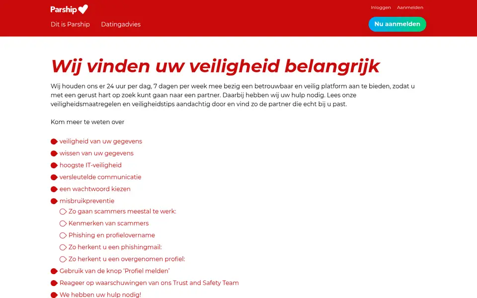 Parship review: de veiligheidspagina van parship.be