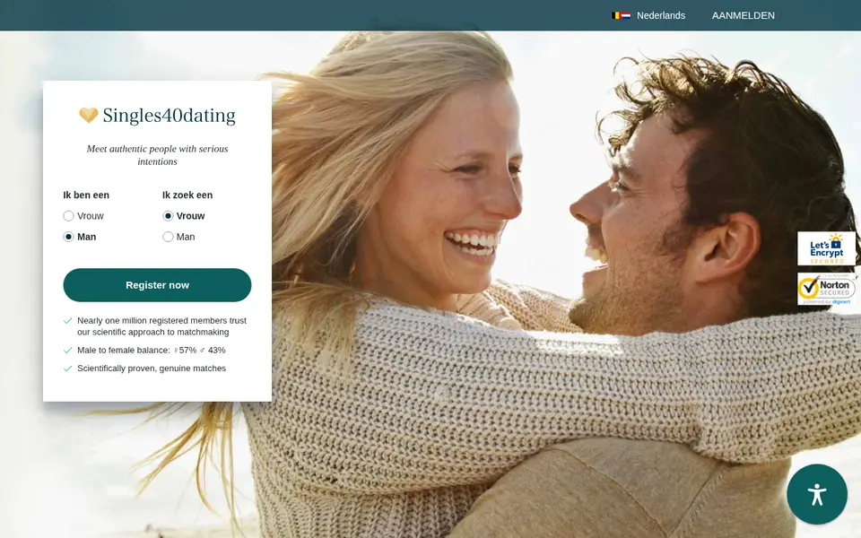Singles40dating review: de homepage van singles40dating.be met de gratis registratie