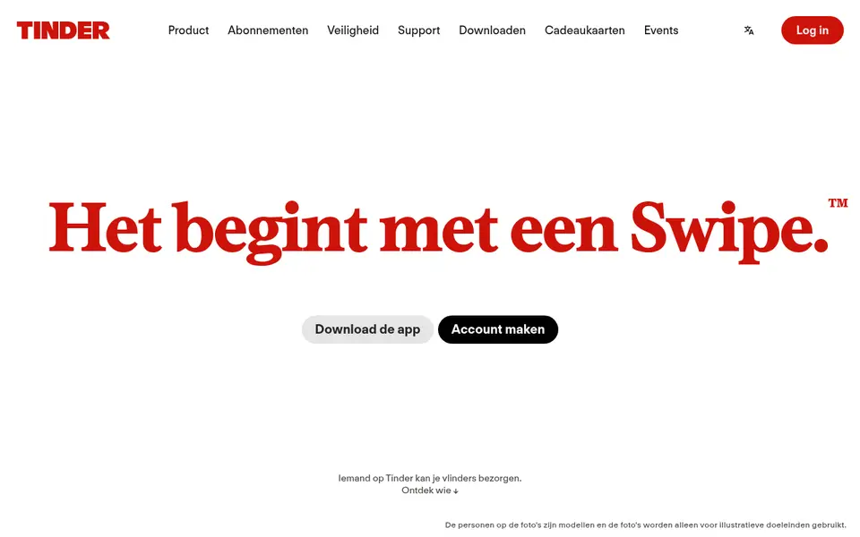 Tinder review: de Nederlandstalige homepage van tinder.com