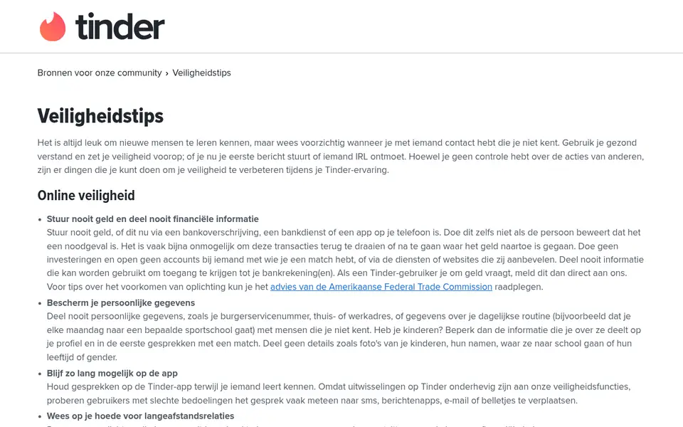 Tinder review: de pagina met veiligheidstips van Tinder